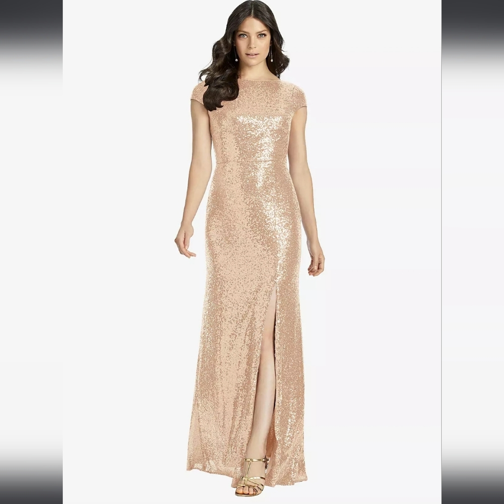 Dessy Collection Cap Sleeve Cowl-Back Sequin Gown With Front Slit In Ros…